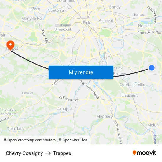 Chevry-Cossigny to Trappes map