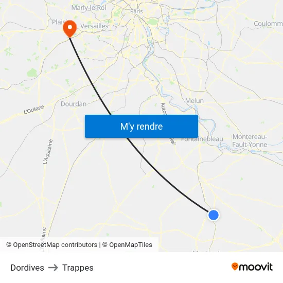 Dordives to Trappes map