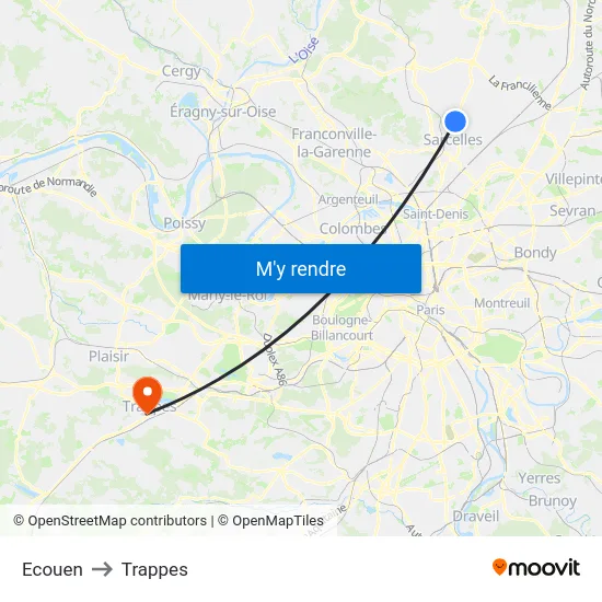 Ecouen to Trappes map