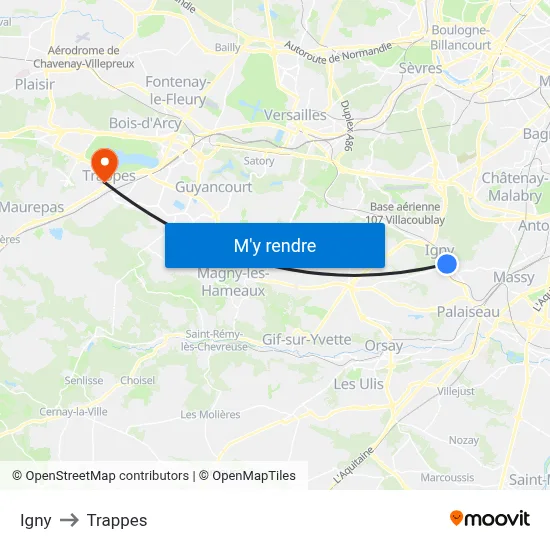 Igny to Trappes map