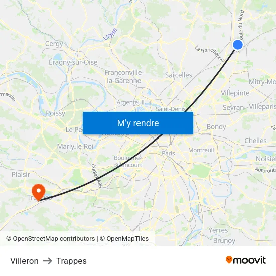 Villeron to Trappes map