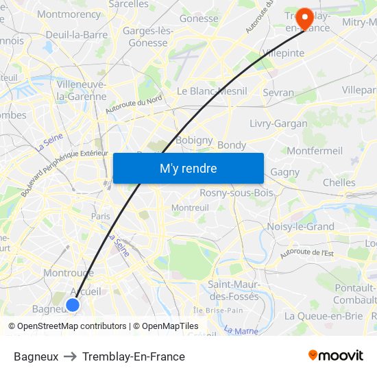 Bagneux to Tremblay-En-France map