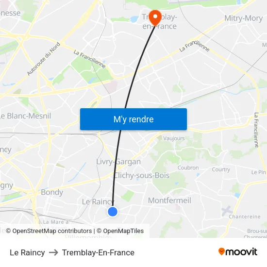 Le Raincy to Tremblay-En-France map