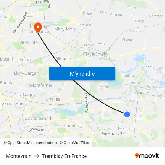 Montevrain to Tremblay-En-France map