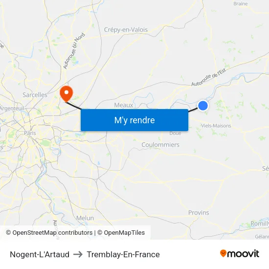 Nogent-L'Artaud to Tremblay-En-France map