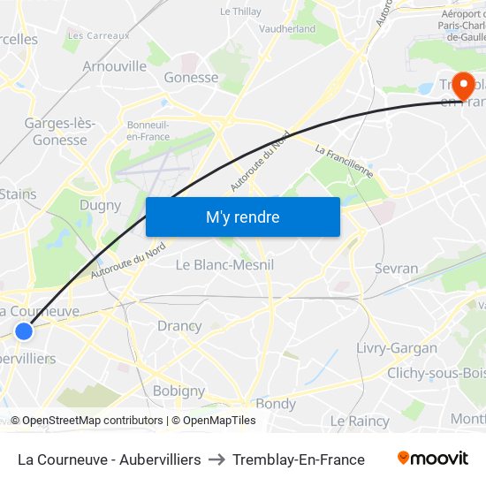 La Courneuve - Aubervilliers to Tremblay-En-France map