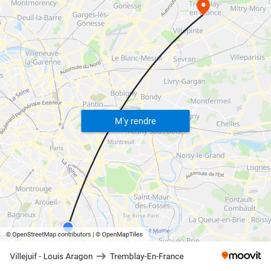 Villejuif - Louis Aragon to Tremblay-En-France map