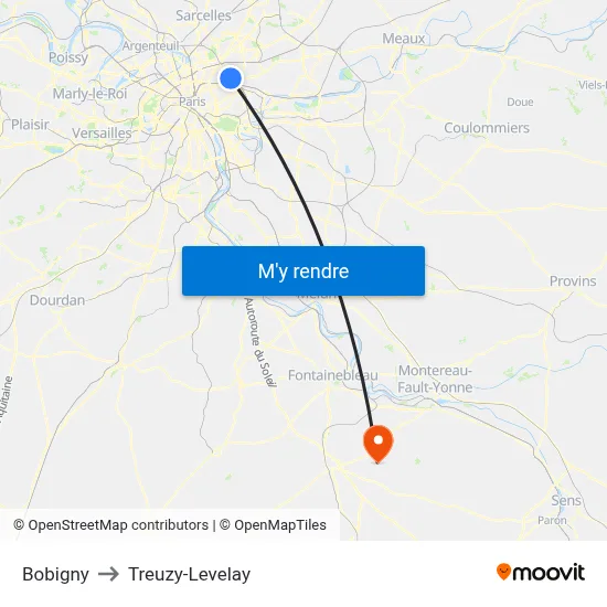 Bobigny to Treuzy-Levelay map