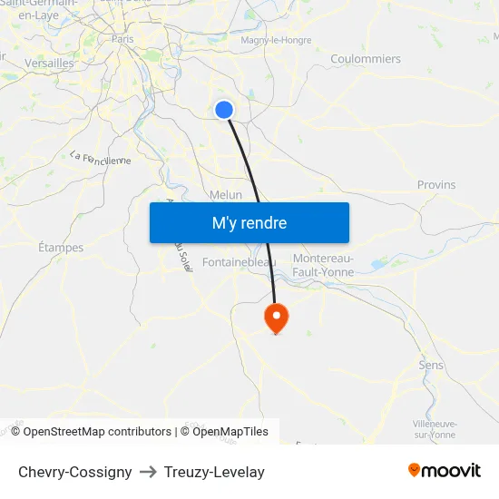 Chevry-Cossigny to Treuzy-Levelay map