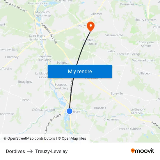 Dordives to Treuzy-Levelay map