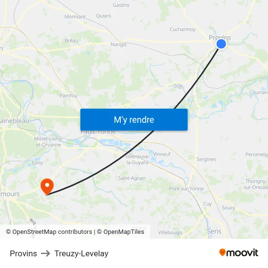 Provins to Treuzy-Levelay map