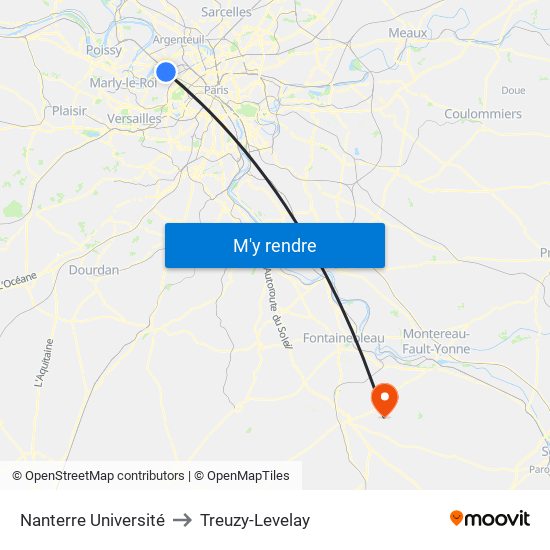 Nanterre Université to Treuzy-Levelay map