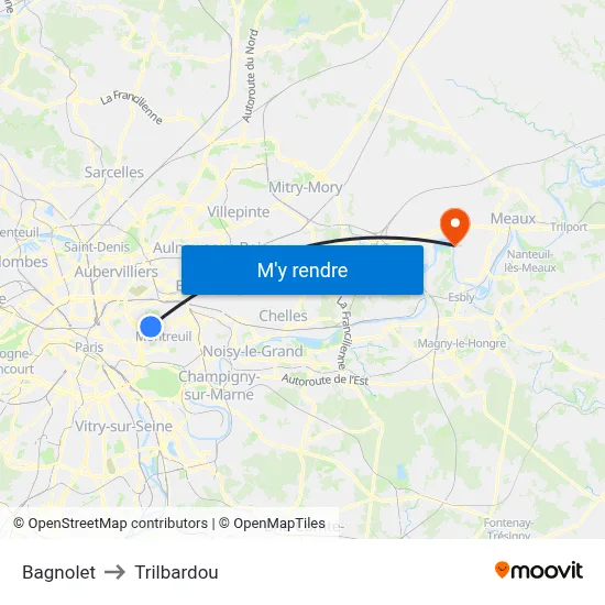 Bagnolet to Trilbardou map