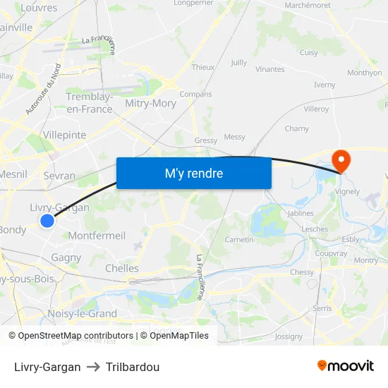 Livry-Gargan to Trilbardou map