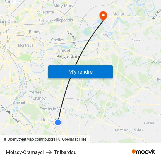 Moissy-Cramayel to Trilbardou map