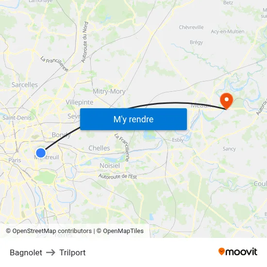 Bagnolet to Trilport map