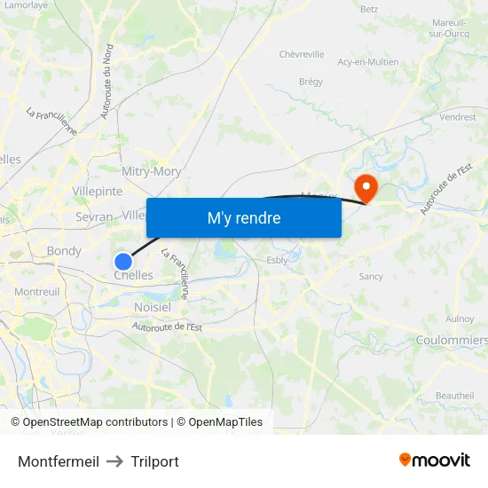 Montfermeil to Trilport map