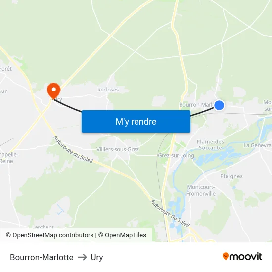 Bourron-Marlotte to Ury map