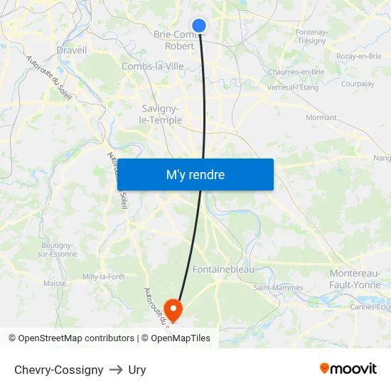 Chevry-Cossigny to Ury map