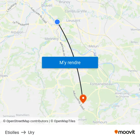 Etiolles to Ury map