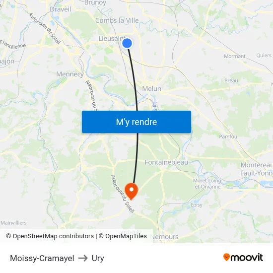Moissy-Cramayel to Ury map