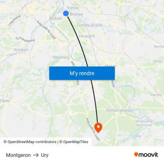 Montgeron to Ury map