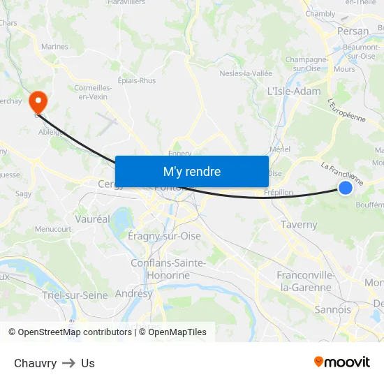 Chauvry to Us map