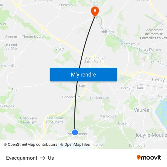 Evecquemont to Us map