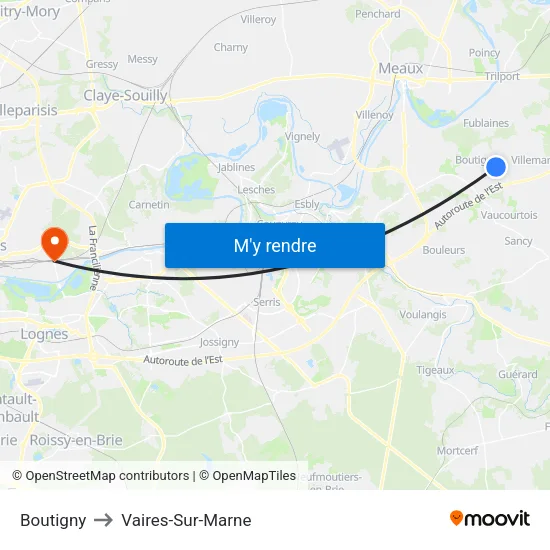 Boutigny to Vaires-Sur-Marne map
