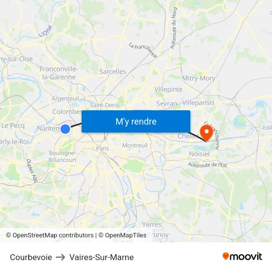 Courbevoie to Vaires-Sur-Marne map