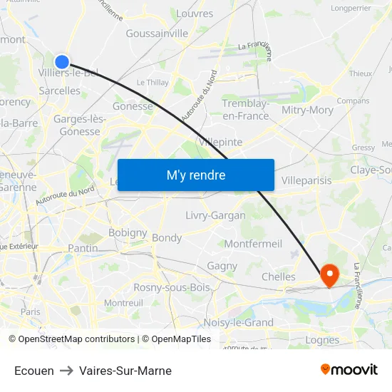 Ecouen to Vaires-Sur-Marne map