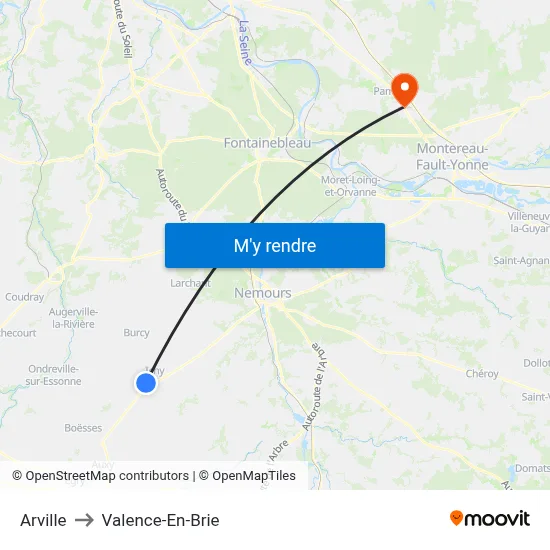 Arville to Valence-En-Brie map