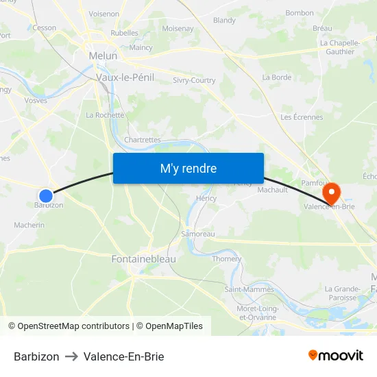 Barbizon to Valence-En-Brie map