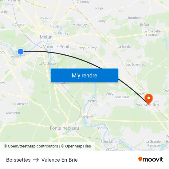 Boissettes to Valence-En-Brie map