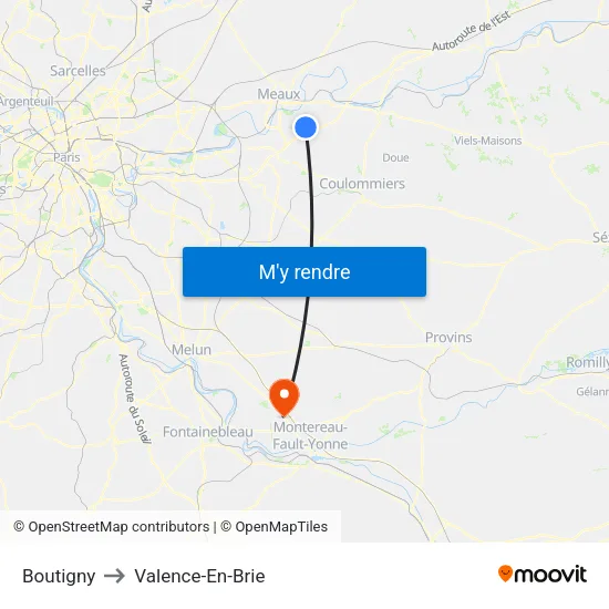 Boutigny to Valence-En-Brie map