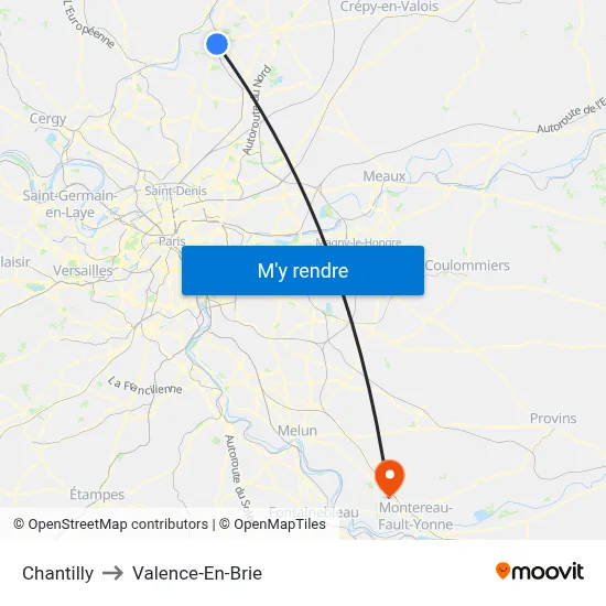Chantilly to Valence-En-Brie map