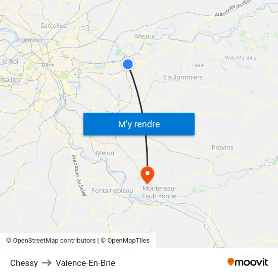 Chessy to Valence-En-Brie map