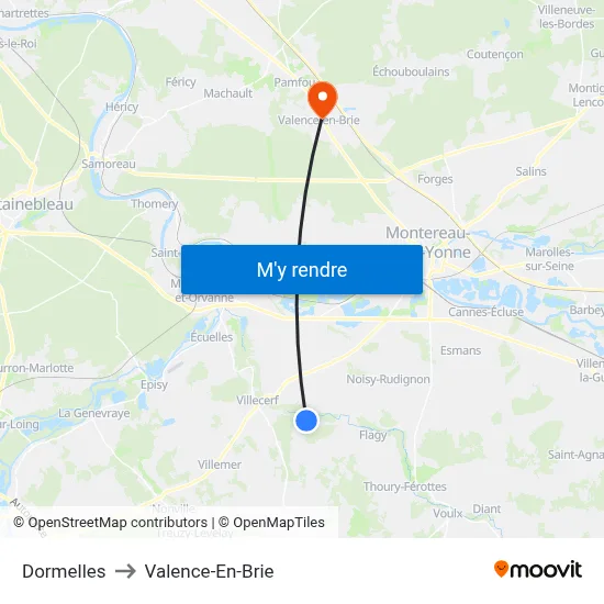 Dormelles to Valence-En-Brie map