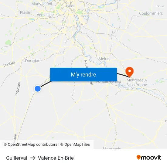 Guillerval to Valence-En-Brie map