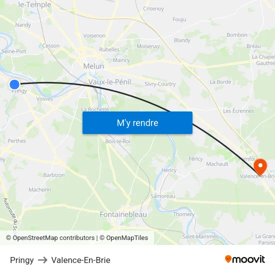 Pringy to Valence-En-Brie map
