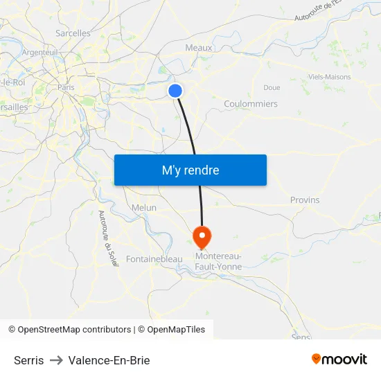 Serris to Valence-En-Brie map