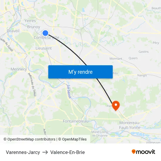 Varennes-Jarcy to Valence-En-Brie map