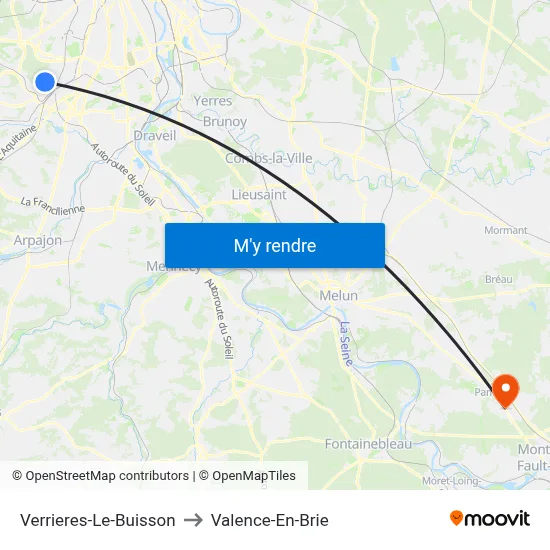 Verrieres-Le-Buisson to Valence-En-Brie map