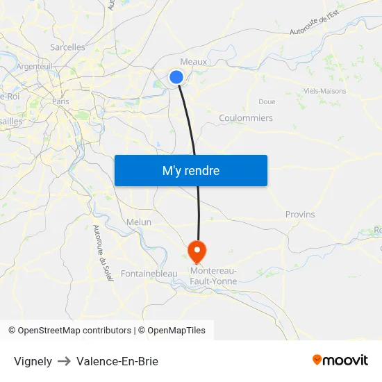 Vignely to Valence-En-Brie map