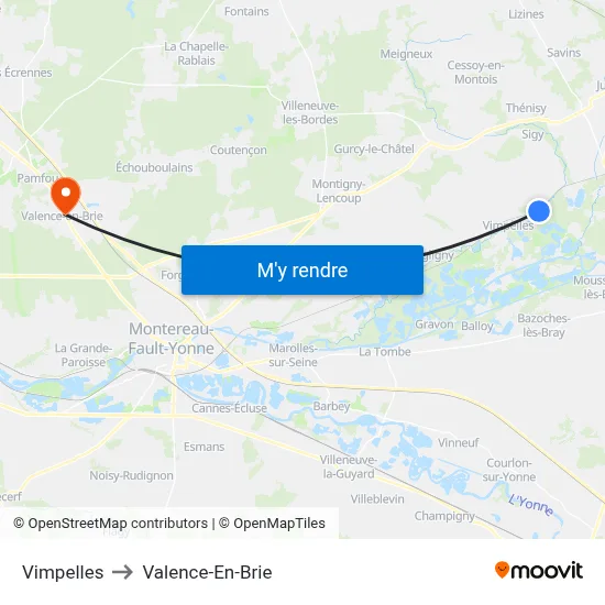 Vimpelles to Valence-En-Brie map
