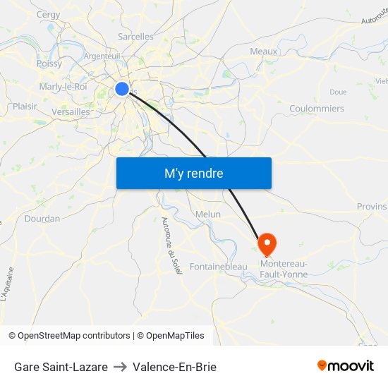 Gare Saint-Lazare to Valence-En-Brie map