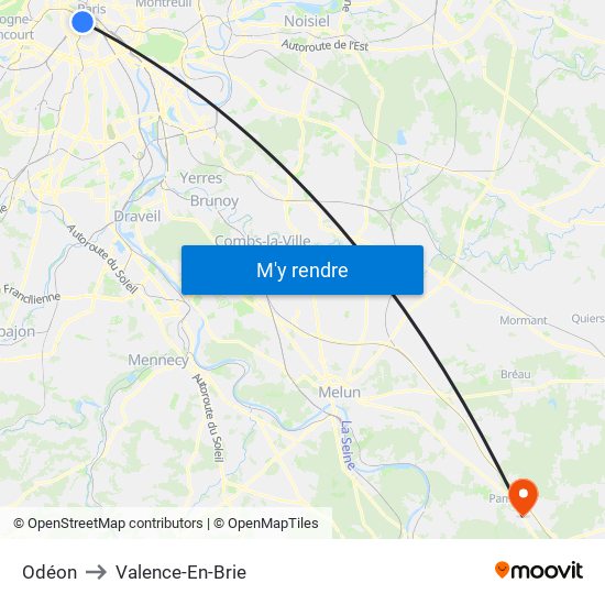 Odéon to Valence-En-Brie map