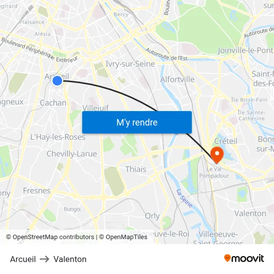 Arcueil to Valenton map