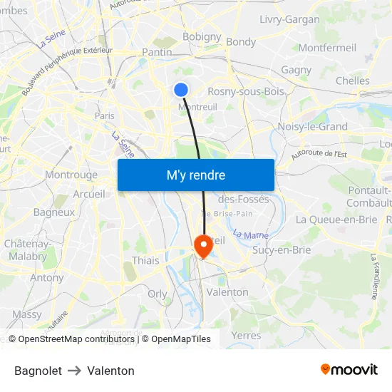 Bagnolet to Valenton map