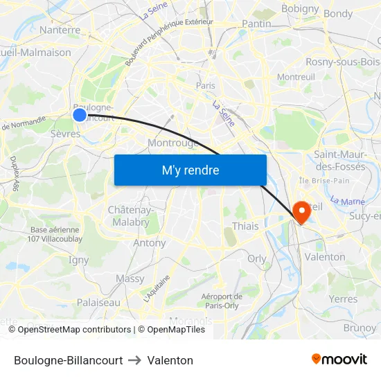 Boulogne-Billancourt to Valenton map
